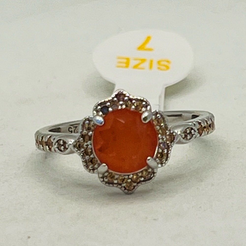 RETRO BOMB PARTY RING NATURAL FUSION SUNRISE ORANGE QUARTZ ON .925 SILVER SIZE 7